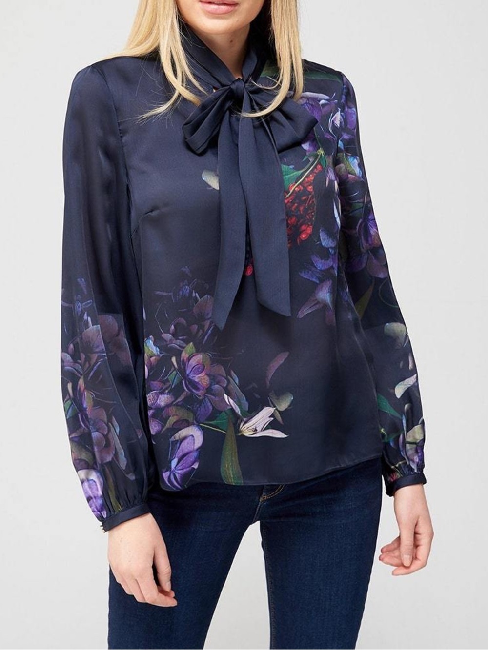 Ted Baker Navy Floral Tie Neck Bow Blouse Long Sleeve Elegant Top Workwear 2